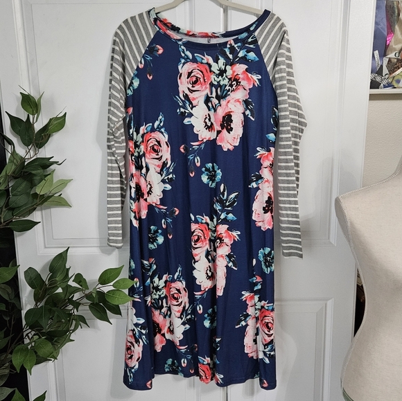 Dresses & Skirts - Floral Navy and Gray Striped Women's Dress